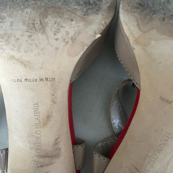 Manolo Blahnik Persefa Buckled T-Strap Sandal, Taupe/Blue/Red - Picture 7 of 7